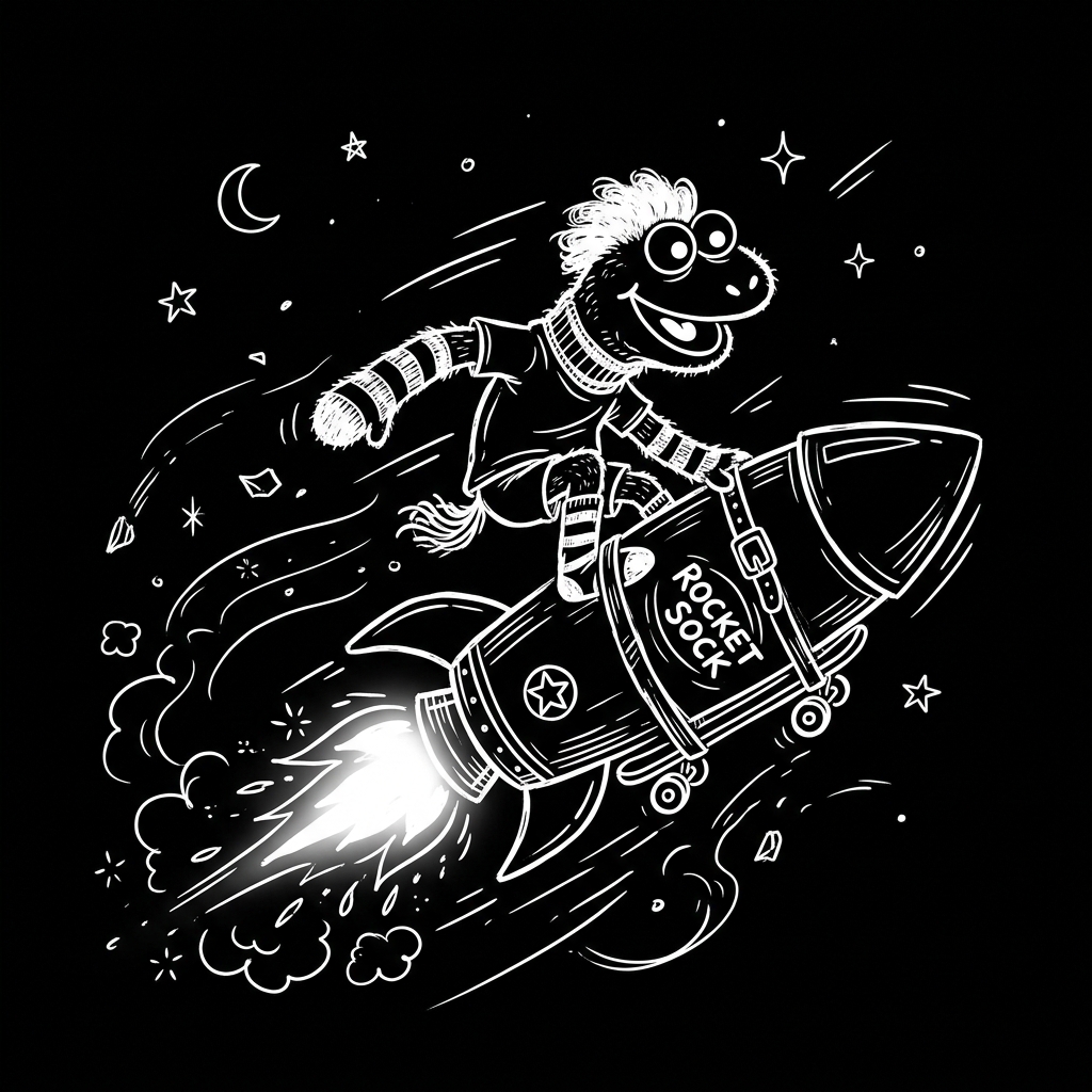 Moza mascot doodle riding a rocket skateboard